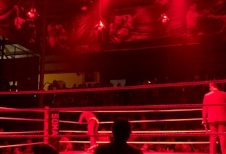 A wrestling ring is illuminated with red lighting, creating a dramatic atmosphere. Several people are visible around the ring, with silhouetted spectators in the foreground. Banners or art adorn the upper walls, and the venue has an industrial ceiling with exposed beams.